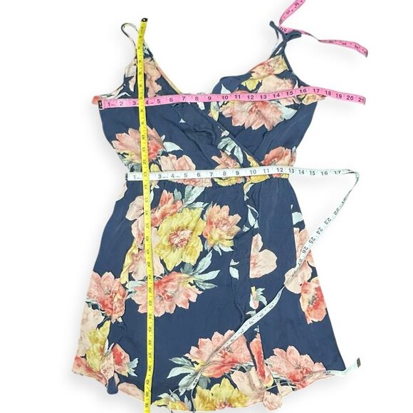 JOIE Women’s Navy Blue Pink Yellow Floral Silk Sleeveless Ruffle Wrap Mini Dress - Picture 7 of 7